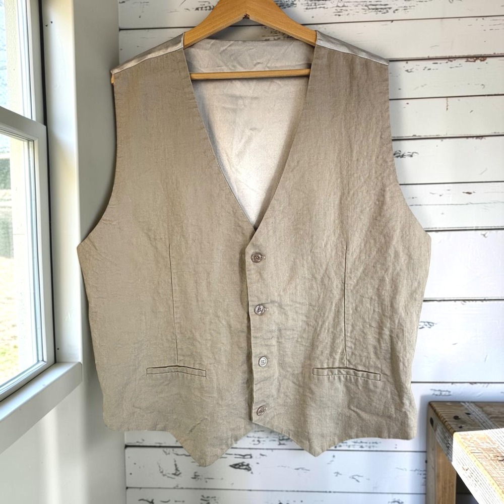 Island Importer Vest XXL Tan 100% Linen Button Front Coastal Waistcoat Preppy